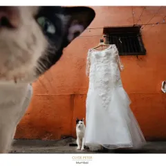 This is another one of my Fearless Award winning images. I love finding unexpected, multi layered moments. Seeing these two cats curiously inspecting the wedding dress against a vibrant Mumbai wall was a moment of pure, unscripted magic that adds a unique layer to the wedding story.