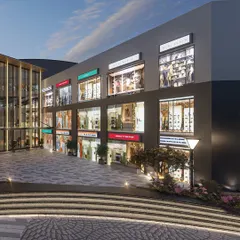 The design includes multi-level terraces and curved walkways, adding visual interest and creating different zones for shopping and leisure.