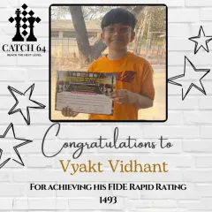 Well done to our student Vyakt Vidhant on achieving his FIDE Rapid rating of 1493. We are proud of his dedication and the guidance provided by his coach, Ojas Kulkarni.