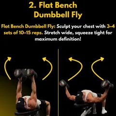 For chest definition, the Flat Bench Dumbbell Fly is a key exercise. Perform 3-4 sets of 10-15 reps, focusing on a wide stretch and a tight squeeze at the top.