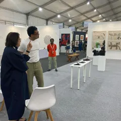Artist Jitish Kallat in conversation with our director, Premilla Baid, at Art Mumbai. These interactions are vital, fostering a sense of community and dialogue among India's leading artistic figures.