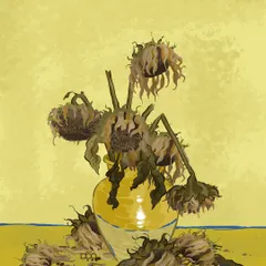 A still life that speaks of the casualties of war. This is my version of "Sunflowers," but here they are withered and dying, a stark and somber symbol of how conflict destroys not just lives, but also beauty and memory.