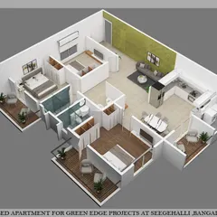 This is an alternative 3D floor plan for a different 3BHK unit within the same project. It demonstrates our ability to create varied and optimized layouts to suit different needs and preferences, all visualized in an easy-to-understand format.