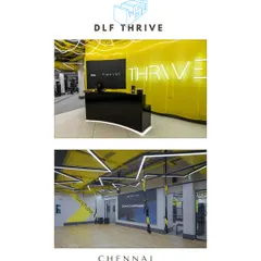 A collage showcasing the DLF Thrive fitness center in Chennai. The design is a bold spatial experience, combining dynamic geometry, high-impact lighting, and an electric color palette to inspire performance.