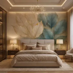 This bedroom features a serene, nature-themed 3D wallpaper with large, overlapping leaves in muted green and beige tones. The design creates a peaceful and relaxing ambiance, perfect for a restful space.