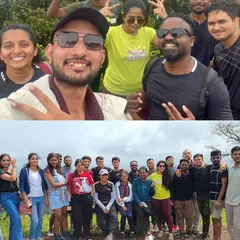 A collage of selfies and group photos from the Kodachadri trek, capturing the fun and camaraderie among the trekkers.