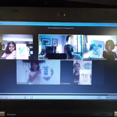 Our online art classes are just as interactive and engaging as our in-person sessions. Here is a screenshot from a Google Meet class where students are sharing their progress on their latest creative drawings.