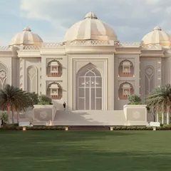 This architectural render showcases a lavish banquet hall I designed in Punjab, embodying the grandeur of Indian classical heritage. The symmetrical facade, with its majestic domes and ornate jharokhas, is designed to create a palatial sense of arrival for any grand event.