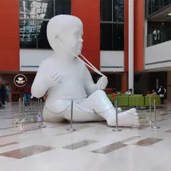 We created this larger-than-life baby sculpture for the Fortis Memorial Research Institute in Gurgaon. The clean, white finish and massive scale make it a memorable landmark in the hospital's main lobby, demonstrating our ability to produce high-impact public art.