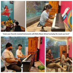 This collage showcases the variety of instruments you can learn with us, from harmonium and piano to guitar. Learn your favorite instrument and play the music you love.