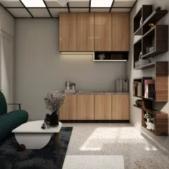 We also design compact pantry or coffee stations within office spaces for added convenience, as seen in this render with wooden cabinets and a small countertop.