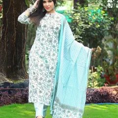 A full-length view of this beautiful white and blue floral printed suit. The flowing dupatta adds a touch of grace, making it a versatile outfit for both casual and semi-formal settings.