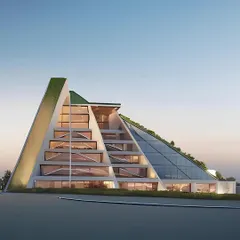 A frontal view of a pyramidal version of the terraced concept, with a large glass facade.