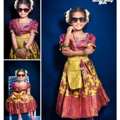 I love capturing the personality of little ones. This is a collage from a kids' photoshoot, showing different poses in a traditional pattu pavadai dress. I use professional lighting and fun props to make children feel comfortable and get these amazing, stylish shots.