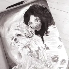 A finished black and white portrait of a client with her beloved dog. I find that monochrome paintings can capture a deep sense of emotion and tranquility, focusing purely on the bond between a person and their pet.