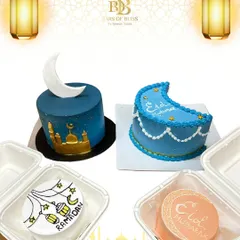 Celebrate Eid with my special collection of themed cakes. This image showcases a variety of designs, from elegant mosque silhouettes and crescent moons to festive bento cakes for smaller gatherings.