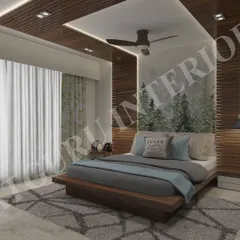 This 3D design for a client in West Bengal showcases a nature-inspired theme. The forest mural behind the wooden platform bed creates a serene and calming atmosphere.