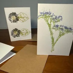 Here are some of the beautiful greeting cards created in a recent workshop. Each card is a unique piece of art, imprinted with the delicate details of real flowers and leaves, making them a truly special way to send a message.
