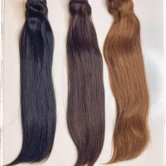 This image displays three of my most requested shades of straight hair extensions: natural black, dark brown, and a warm light brown. Each bundle is made from single-donor hair for consistent quality.