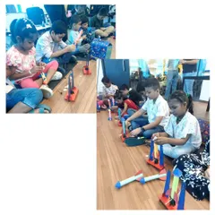 A collage showing kids fully absorbed in building their rockets. We can manage large groups, ensuring each child has the space and materials to work on their project.