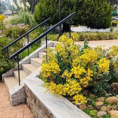 The design included improving accessibility with new stone steps and railings, surrounded by colorful, hardy plants suitable for the climate.