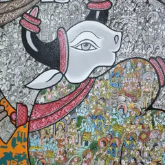 This detail shot highlights one of the four bulls, its body filled with scenes from the Shiv Mahapuran. The contrast between the simple, bold outline of the bull and the complex storytelling within is a core element of this piece, blending macro and micro perspectives.