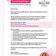 This is an invitation to one of our Parent Orientation Programs, a session designed exclusively for parents. In these meetings, I provide a detailed introduction to our child-first curriculum, share practical tips for easing first-day anxieties, and answer all your questions about your child's journey with us.