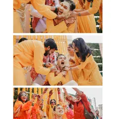 The groom's Haldi in three stages of joyful chaos. This collage captures the fun as friends and family enthusiastically apply turmeric and shower him with flower petals.