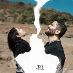 A double exposure portrait that blends the couple's happy faces with the landscape they were in. This artistic technique creates a beautiful visual story of love and place combined.