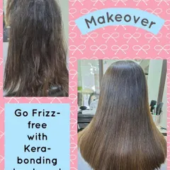 This client's frizzy hair was completely transformed with our Kera-bonding treatment. The 'after' photo shows a beautifully smooth and straight result that is soft and easy to care for.