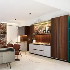 This elegant pantry and bar nook was designed as a refined entrance experience. It combines rich wood veneer, sleek duco finishes, and repurposed marble for a look that is both luxurious and resourceful.