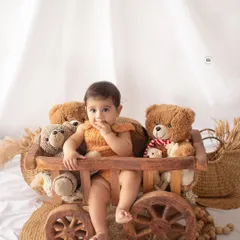 A baby boy in a rustic wooden cart with his teddy bears. This simple, prop-focused shot has a timeless, nostalgic feel.
