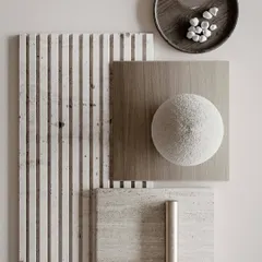 A palette of some of my favorite materials. I love the combination of natural stone, fluted surfaces, and warm wood to create interiors that are tactile and inviting.