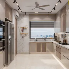 A view of the kitchen sink and window area, showcasing the seamless marble backsplash and countertop. The design is clean, bright, and highly functional for daily tasks.