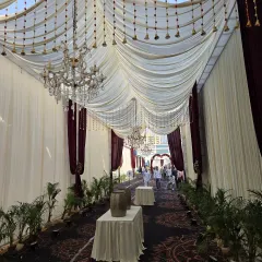 The entrance to a beautiful wedding event we catered. The elegant pathway, lined with plants and adorned with draped ceilings and chandeliers, sets a luxurious tone for the celebration from the moment guests arrive.