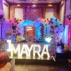 Here is a custom butterfly theme I designed for Mayra's first birthday. The setup features a beautiful balloon arch, a shimmery backdrop, and personalized photo displays to make her day extra special.