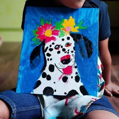 Just dog things! This adorable Dalmatian painting with a flower crown is a great example of how we learn to paint animals with personality and flair in my acrylics class.