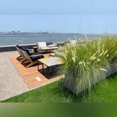 A seating nook on a Mumbai rooftop, positioned to offer breathtaking views of the sea. I used tall ornamental grasses in a modern planter to create a sense of enclosure and a soft, natural texture against the urban skyline.