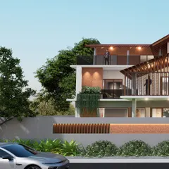 An exploration of dynamic roof forms, this design uses modular construction principles for structural efficiency. The facade combines textured plaster, wood elements, and hanging gardens to create a warm, open, and climate-responsive home.