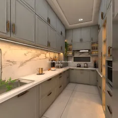 This modern kitchen design combines sleek, grey shaker-style cabinets with a warm marble backsplash and under-cabinet lighting. It’s a perfect example of how I create highly functional yet cozy and inviting cooking spaces.