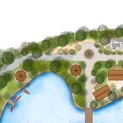 A detailed view of the resort plan, showing the placement of lakeside cottages and recreational areas with kayaks. This level of detail in our landscape design ensures a rich and engaging guest experience.