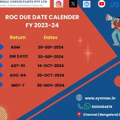 Staying on top of your annual compliance deadlines is crucial. We provide a clear calendar for all important Registrar of Companies (ROC) due dates for the financial year, covering your AGM, Director KYC, and the filing of forms like ADT-01, AOC-04, and MGT-7.