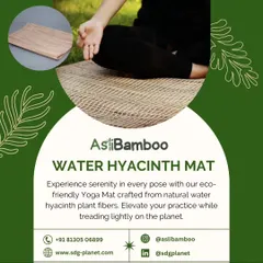 Experience serenity in every pose with our eco-friendly yoga mat, crafted from natural water hyacinth fibers. This graphic highlights how you can elevate your practice while making a sustainable choice for the planet.