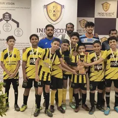 The full U-14 team with their coaches celebrating their runner-up trophy at the Freedom Cup 2025.