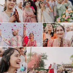 A collage of raw emotions from guests and family, capturing their tears, laughter, and joy as they witness the couple's wedding.