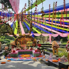 A vibrant and joyful Mehendi setup at the Hridayesh Resort in Jim Corbett. I love playing with bold colors, traditional patterns, and lush florals to create an energetic and festive atmosphere for pre-wedding celebrations.