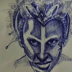 A close-up of a more fantastical portrait sketch. This shows how I experiment with different character types, blending human features with imaginative, otherworldly elements and headwear.