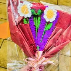My crochet bouquets come carefully packaged to ensure they arrive safely. Here is a daisy and lavender bouquet ready to be sent to its new home.