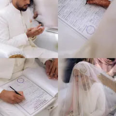 A collage capturing the key moments of a Muslim Nikaah ceremony. It shows the prayers, the signing of the marriage contract, and the bride's veiled presence, all signifying their union.