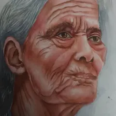 This is a watercolor portrait I painted to explore how to represent age and character. We work on techniques like layering colors and controlling water to capture the delicate details of skin texture and expression, creating what I call a 'wrinkly beauty'.
